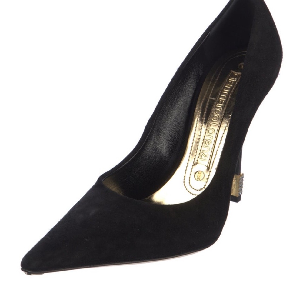 Gianmarco Lorenzi Black Suede Pointed-Toe Pumps with Metal Heel Tip - Picture 2 of 5